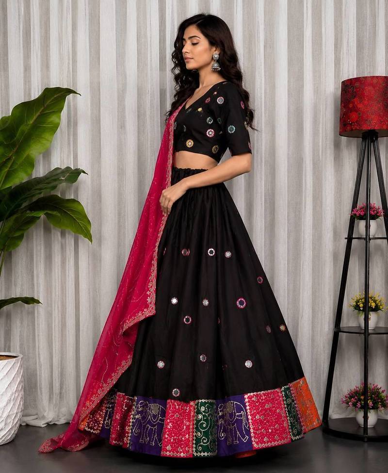 Black Embroidery and sequins Roman Silk Blend Lahenga Choli Set