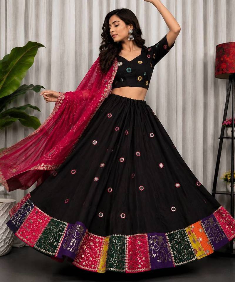 Black Embroidery and sequins Roman Silk Blend Lahenga Choli Set