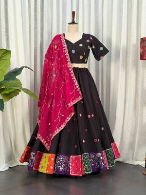 Black Embroidery and sequins Roman Silk Blend Lahenga Choli Set 1