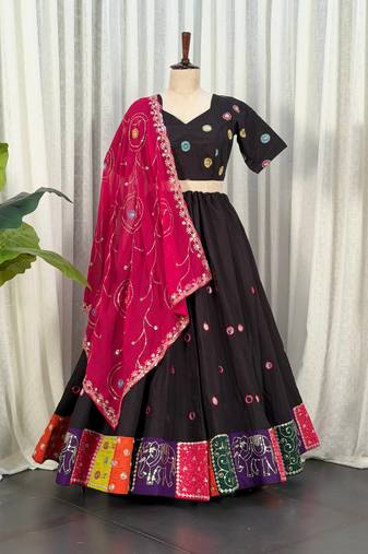 Black Embroidery and sequins Roman Silk Blend Lahenga Choli Set