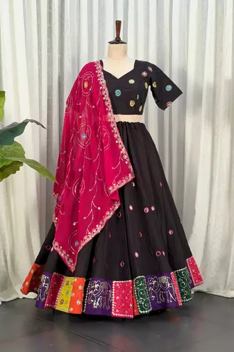 Black Embroidery and sequins Roman Silk Blend Lahenga Choli Set