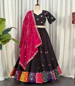Black Embroidery and sequins Roman Silk Blend Lahenga Choli Set