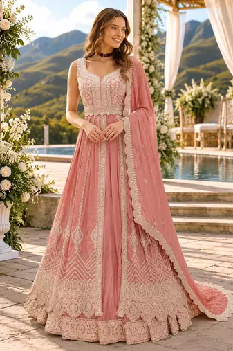 Peach chinon semi stitched suit with embroidery & codding work