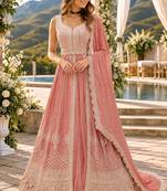 Peach chinon semi stitched suit with embroidery & codding work
