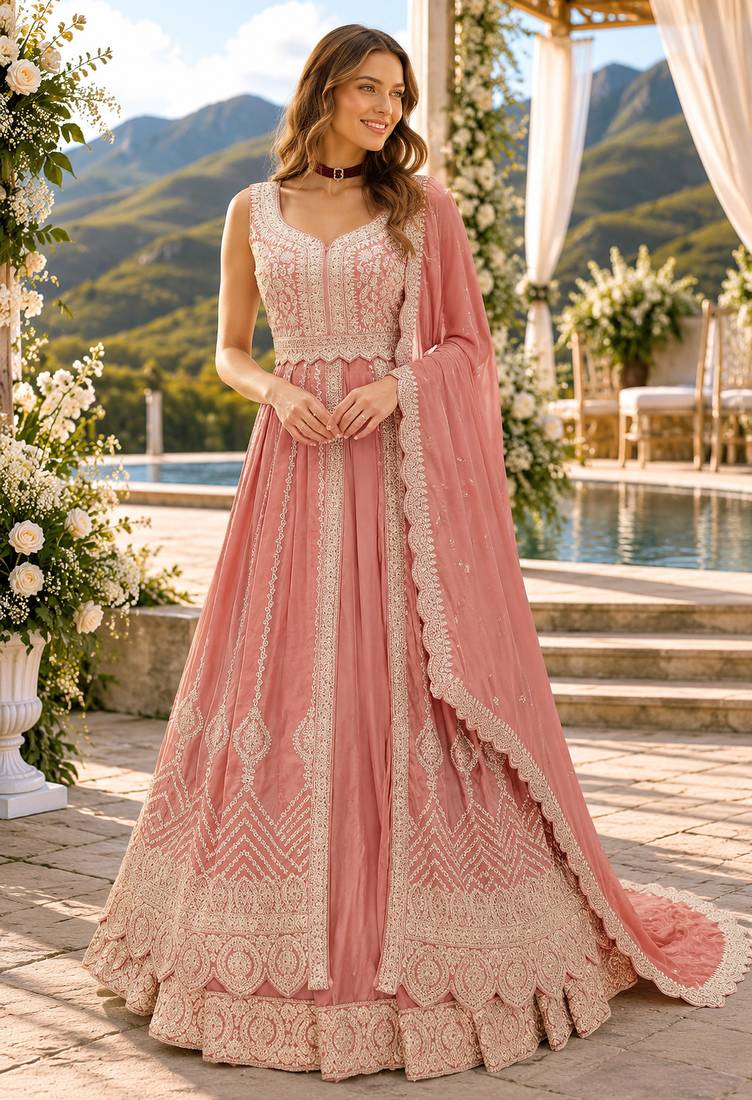Peach chinon semi stitched suit with embroidery & codding work