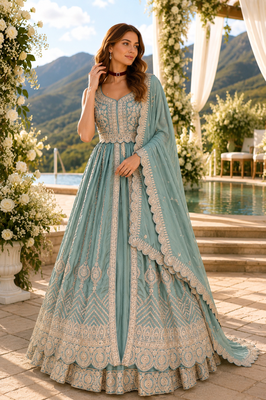 Blue chinon semi stitched suit with embroidery & codding work 1