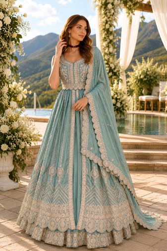 Blue chinon suit with embroidery & codding work