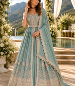Blue chinon semi stitched suit with embroidery & codding work