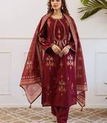 Women Ethnic Motifs Printed Thread Work Kurta with Trousers & With Dupatta