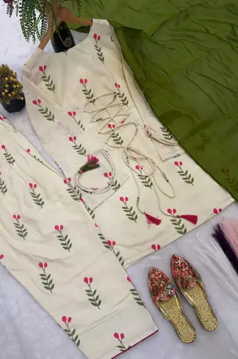 White Color Printed Work Cotton Salwar Suit
