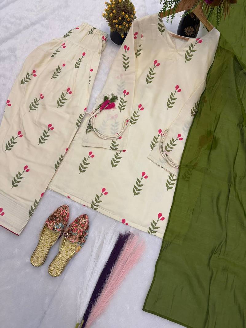 White Color Printed Work Cotton Salwar Suit