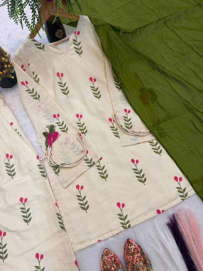 White Color Printed Work Cotton Salwar Suit