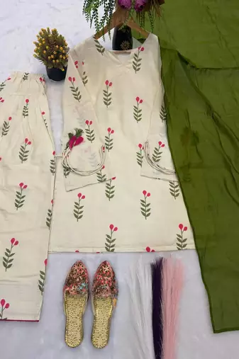 White Color Printed Work Cotton Salwar Suit