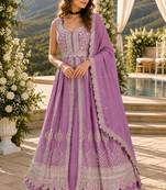 Lavender chinon semi stitched suit with embroidery & codding work