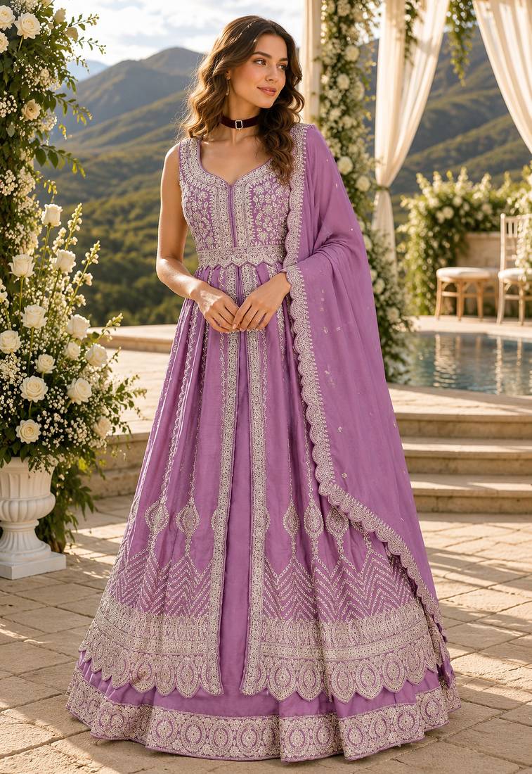 Lavender chinon semi stitched suit with embroidery & codding work