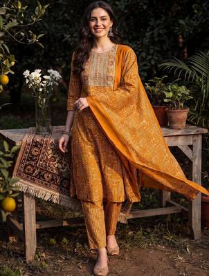 Women Ethnic Motifs Printed Thread Work Cotton Kurta with Trousers & With Dupatta 1
