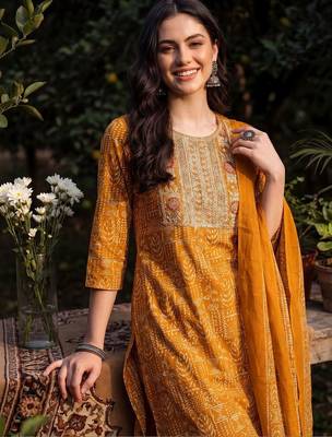 Women Ethnic Motifs Printed Thread Work Cotton Kurta with Trousers & With Dupatta 2