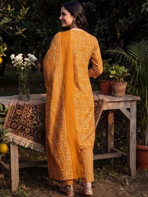Women Ethnic Motifs Printed Thread Work Cotton Kurta with Trousers & With Dupatta 4