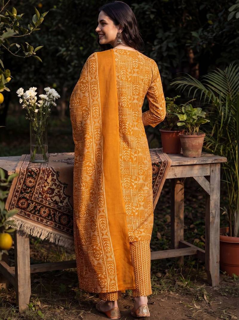 Women Ethnic Motifs Printed Thread Work Cotton Kurta with Trousers & With Dupatta