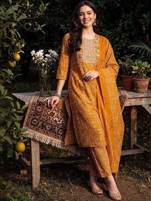 Women Ethnic Motifs Printed Thread Work Cotton Kurta with Trousers & With Dupatta 6