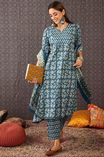 Floral Printed Cotton Straight Kurta Trousers With Dupatta