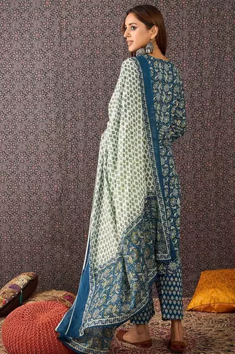 Floral Printed Cotton Straight Kurta Trousers With Dupatta