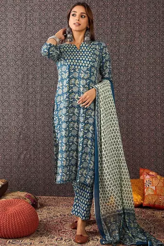 Floral Printed Cotton Straight Kurta Trousers With Dupatta