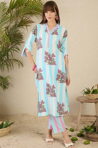 Floral Screen Printed V-Neck Cotton Straight Kurta With Trousers