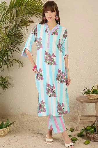 Floral Screen Printed V-Neck Cotton Straight Kurta With Trousers