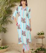 Floral Screen Printed V-Neck Cotton Straight Kurta With Trousers