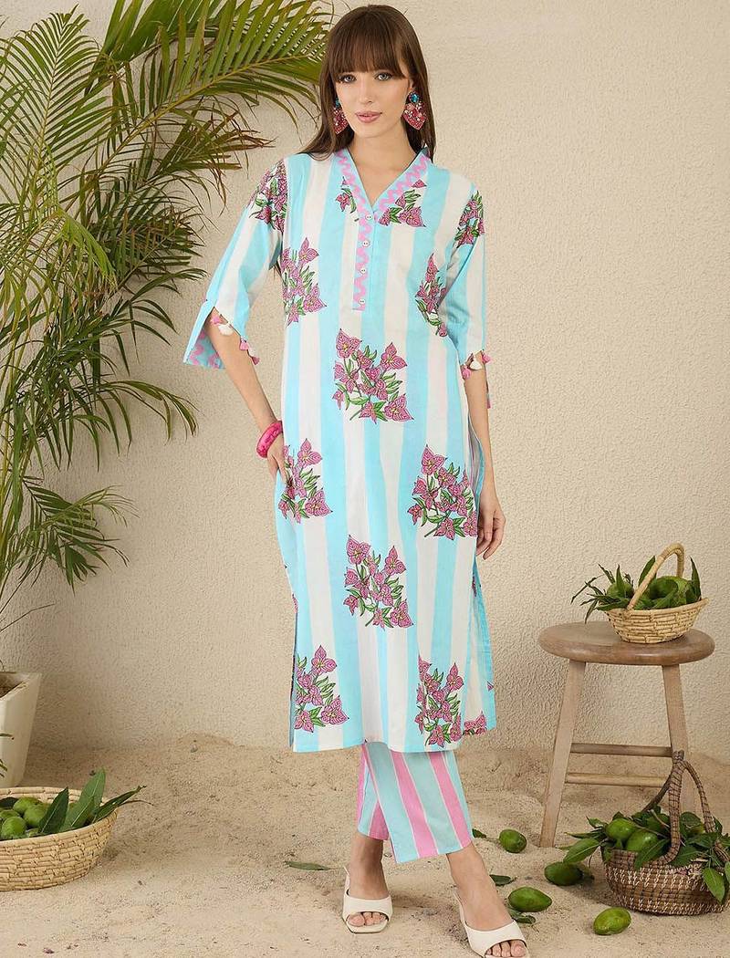 Floral Screen Printed V-Neck Cotton Straight Kurta With Trousers