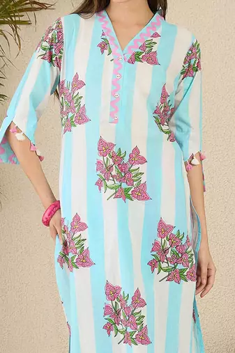 Floral Screen Printed V-Neck Cotton Straight Kurta With Trousers
