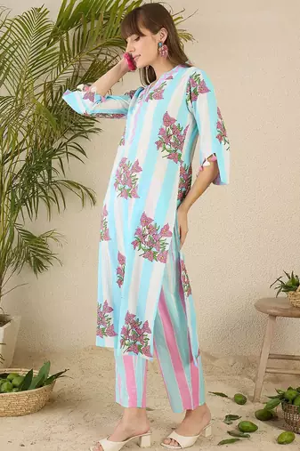 Floral Screen Printed V-Neck Cotton Straight Kurta With Trousers