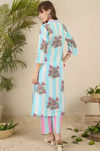 Floral Screen Printed V-Neck Cotton Straight Kurta With Trousers