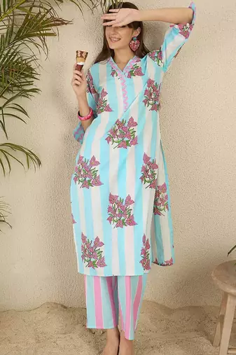 Floral Screen Printed V-Neck Cotton Straight Kurta With Trousers