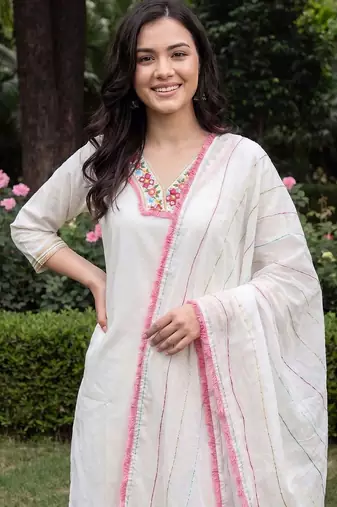 Women Floral Embroidered Mirror Work Kurta with Trousers & With Dupatta