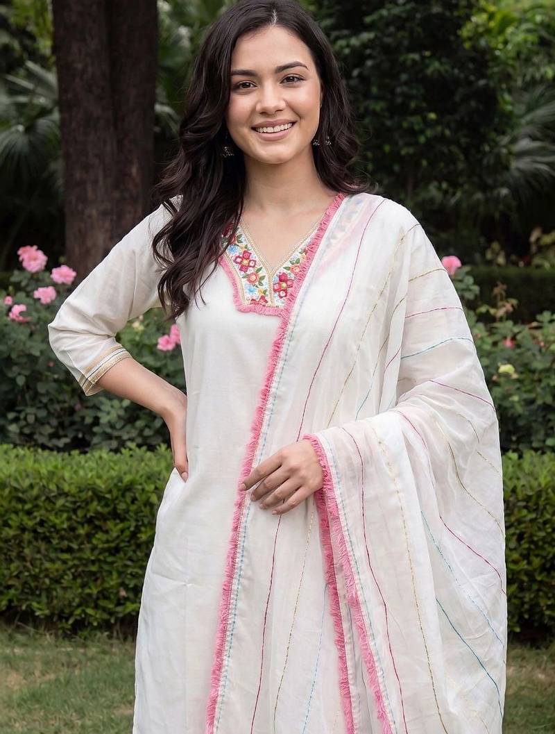 Women Floral Embroidered Mirror Work Kurta with Trousers & With Dupatta