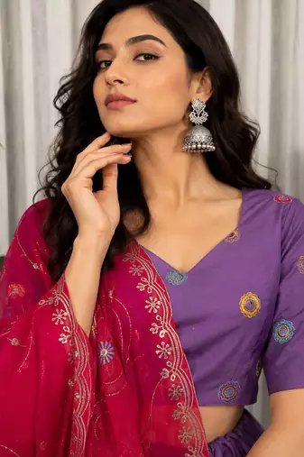 Lavender Embroidery and sequins Roman Silk Blend Lahenga Choli Set