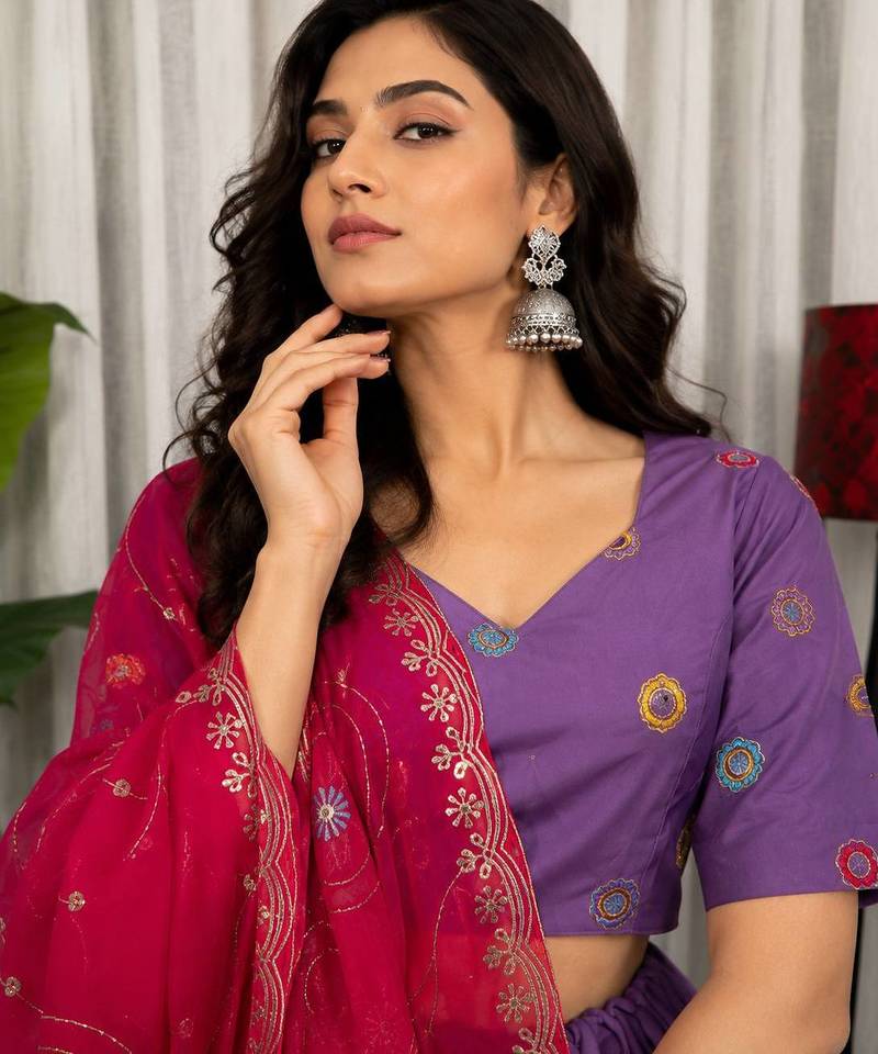 Lavender Embroidery and sequins Roman Silk Blend Lahenga Choli Set