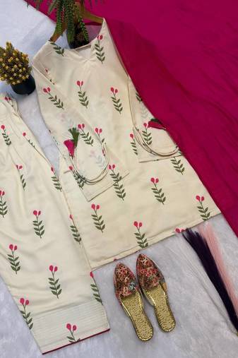 White Color Printed Work Cotton Salwar Suit