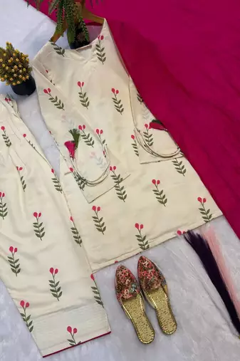 White Color Printed Work Cotton Salwar Suit