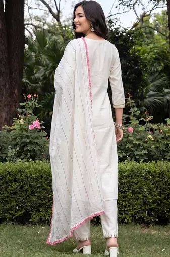 Women Floral Embroidered Mirror Work Kurta with Trousers & With Dupatta