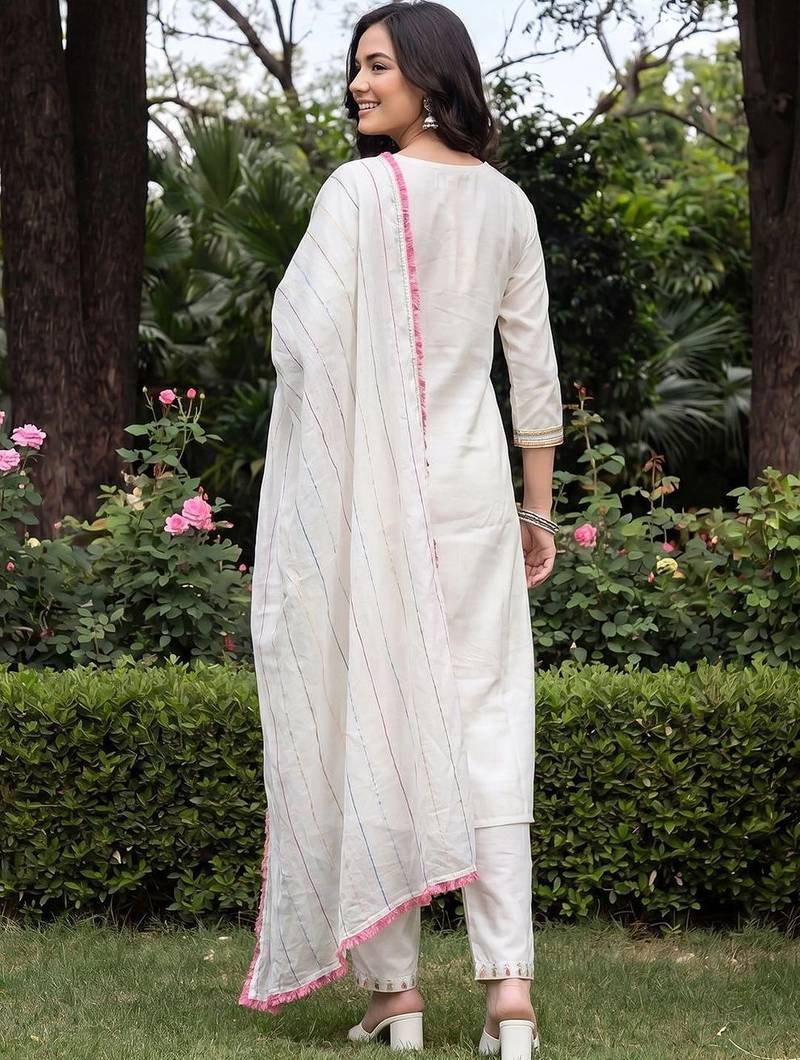 Women Floral Embroidered Mirror Work Kurta with Trousers & With Dupatta
