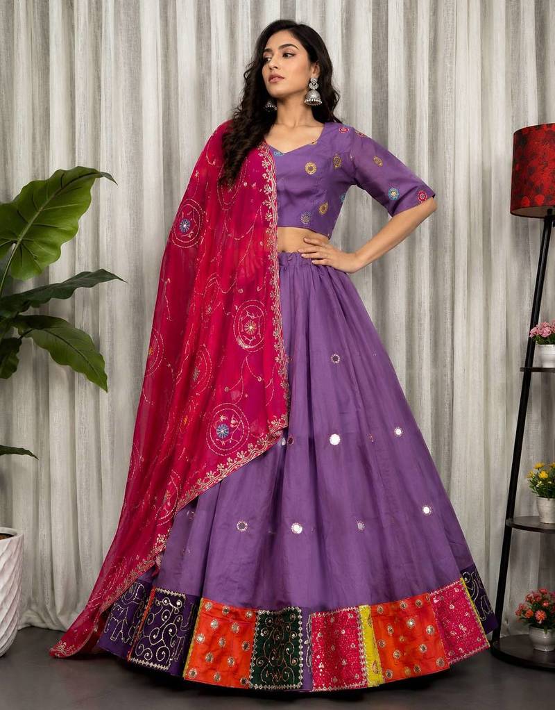 Lavender Embroidery and sequins Roman Silk Blend Lahenga Choli Set