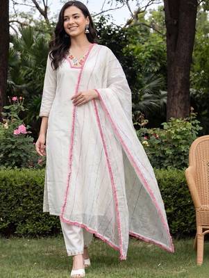 Women Floral Embroidered Mirror Work Kurta with Trousers & With Dupatta 6