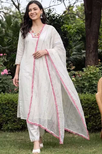 Women Floral Embroidered Mirror Work Kurta with Trousers & With Dupatta