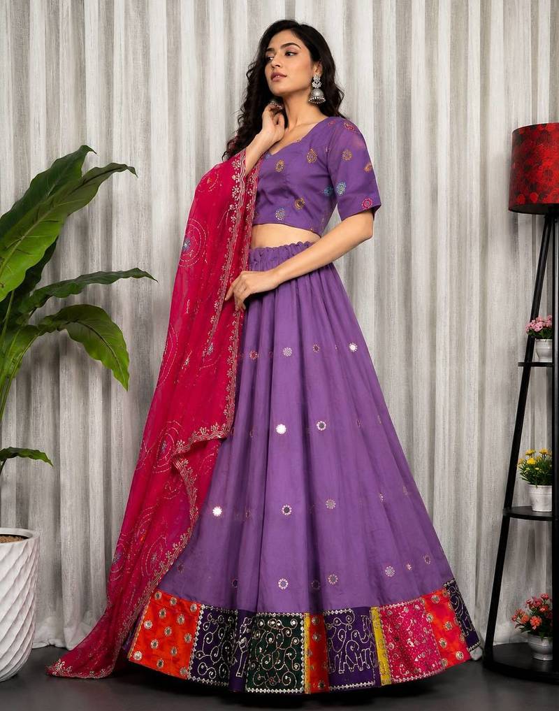 Lavender Embroidery and sequins Roman Silk Blend Lahenga Choli Set