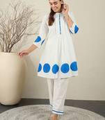 Printed Pleated Thread Work Cotton Kurta With Trousers