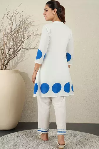 Printed Pleated Thread Work Cotton Kurta With Trousers