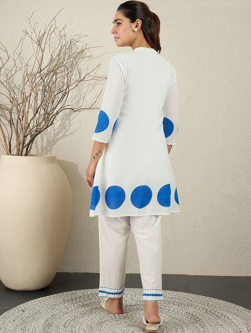 Printed Pleated Thread Work Cotton Kurta With Trousers